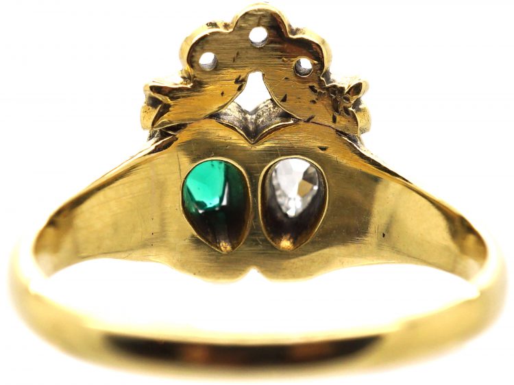 Victorian 18ct Gold Double Heart Ring set with an Emerald & Diamonds