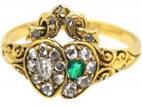 Victorian 18ct Gold Double Heart Ring set with an Emerald & Diamonds