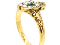 Victorian 18ct Gold Double Heart Ring set with an Emerald & Diamonds