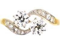 Edwardian 18ct Gold & Platinum Two Stone Diamond Crossover Ring with Diamond set Shoulders