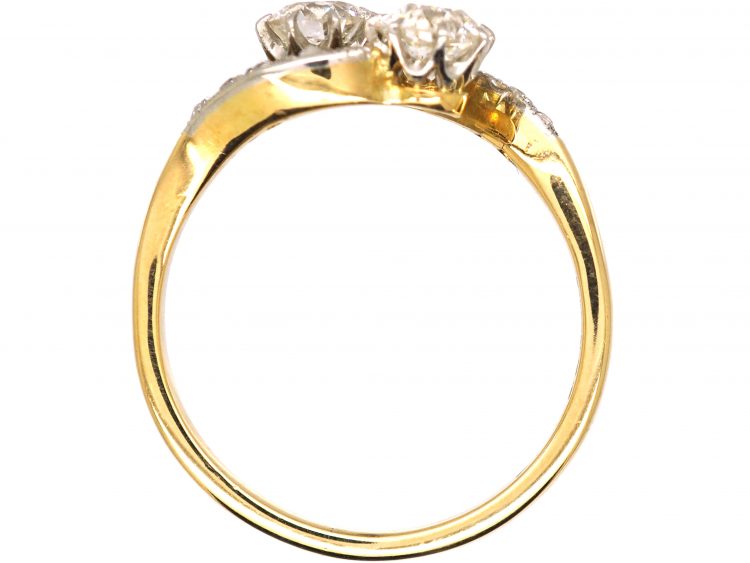 Edwardian 18ct Gold & Platinum Two Stone Diamond Crossover Ring with Diamond set Shoulders