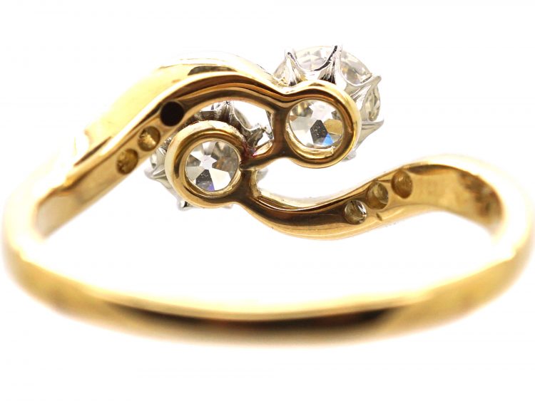 Edwardian 18ct Gold & Platinum Two Stone Diamond Crossover Ring with Diamond set Shoulders