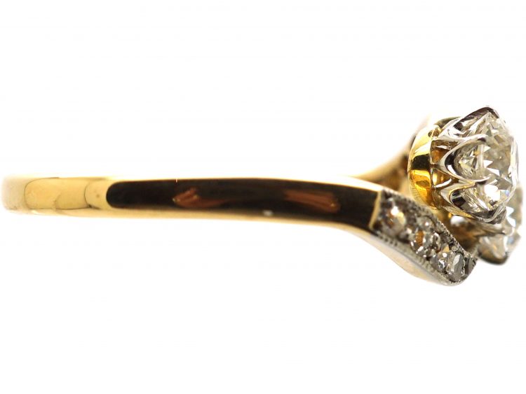 Edwardian 18ct Gold & Platinum Two Stone Diamond Crossover Ring with Diamond set Shoulders