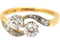 Edwardian 18ct Gold & Platinum Two Stone Diamond Crossover Ring with Diamond set Shoulders