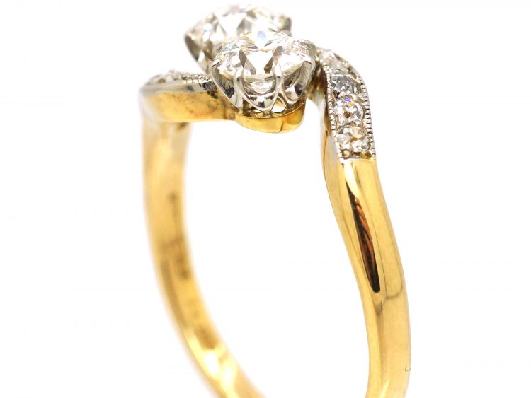 Edwardian 18ct Gold & Platinum Two Stone Diamond Crossover Ring with Diamond set Shoulders