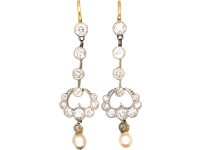 Edwardian Platinum & 15ct Gold Drop Earrings set with Diamonds & Natural Pearls