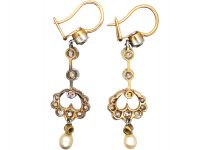 Edwardian Platinum & 15ct Gold Drop Earrings set with Diamonds & Natural Pearls