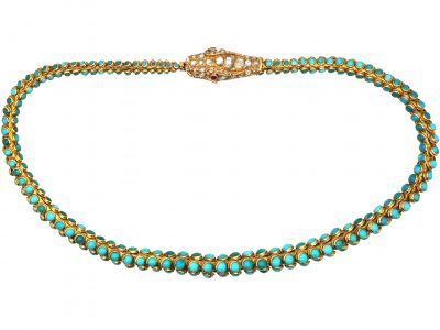 Victorian 18ct Gold Snake Necklace set with Diamonds & Turquoise with Ruby Eyes