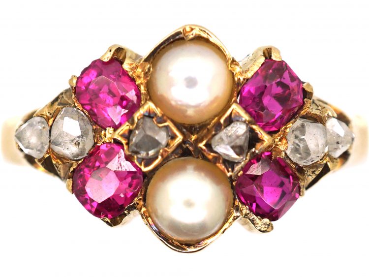 Victorian 18ct Gold Ring set with Rubies, Rose Diamonds & Natural Split Pearls