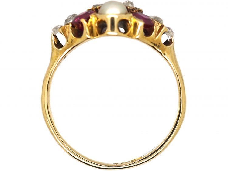 Victorian 18ct Gold Ring set with Rubies, Rose Diamonds & Natural Split Pearls