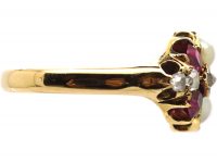 Victorian 18ct Gold Ring set with Rubies, Rose Diamonds & Natural Split Pearls