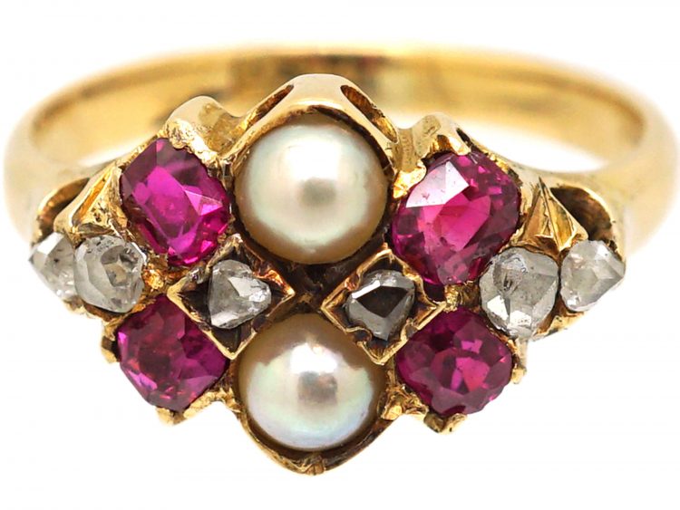 Victorian 18ct Gold Ring set with Rubies, Rose Diamonds & Natural Split Pearls