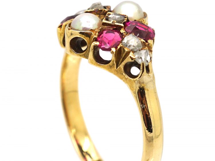 Victorian 18ct Gold Ring set with Rubies, Rose Diamonds & Natural Split Pearls