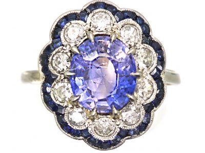 Early 20th Century French 18ct White Gold & Platinum, Sapphire & Diamond Cluster Ring with Calibre Cut Sapphires on the Outside