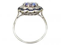 Early 20th Century French 18ct White Gold & Platinum, Sapphire & Diamond Cluster Ring with Calibre Cut Sapphires on the Outside