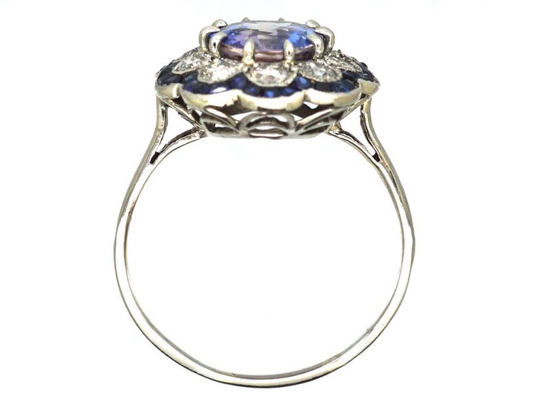 Early 20th Century French 18ct White Gold & Platinum, Sapphire & Diamond Cluster Ring with Calibre Cut Sapphires on the Outside