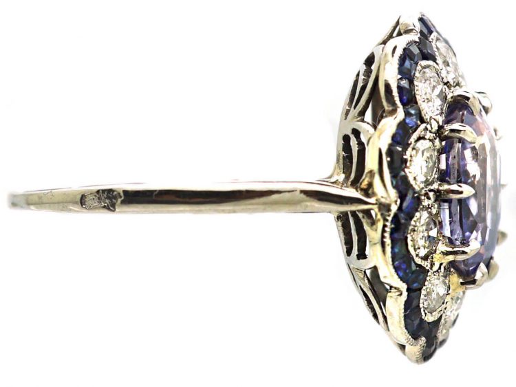 Early 20th Century French 18ct White Gold & Platinum, Sapphire & Diamond Cluster Ring with Calibre Cut Sapphires on the Outside