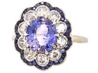 Early 20th Century French 18ct White Gold & Platinum, Sapphire & Diamond Cluster Ring with Calibre Cut Sapphires on the Outside