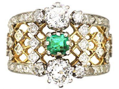 French 18ct Gold & Platinum Lattice Work Ring set with an Emerald & Diamonds