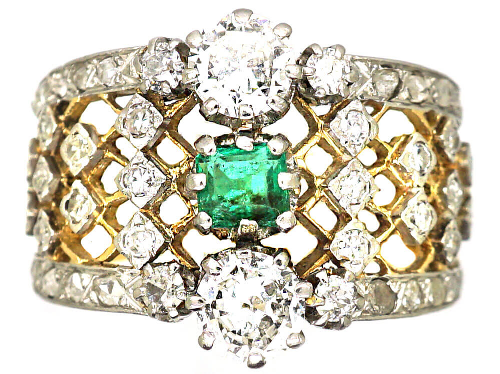 French 18ct Gold Platinum Lattice Work Ring set with an Emerald