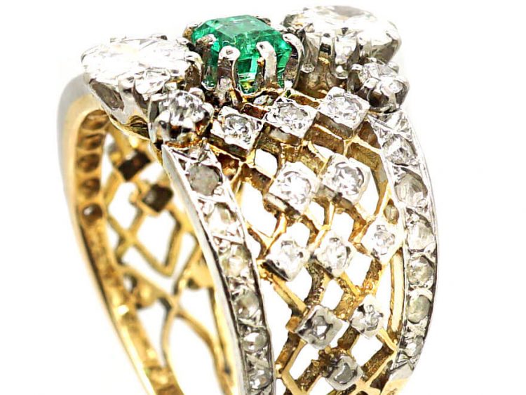 French 18ct Gold & Platinum Lattice Work Ring set with an Emerald & Diamonds