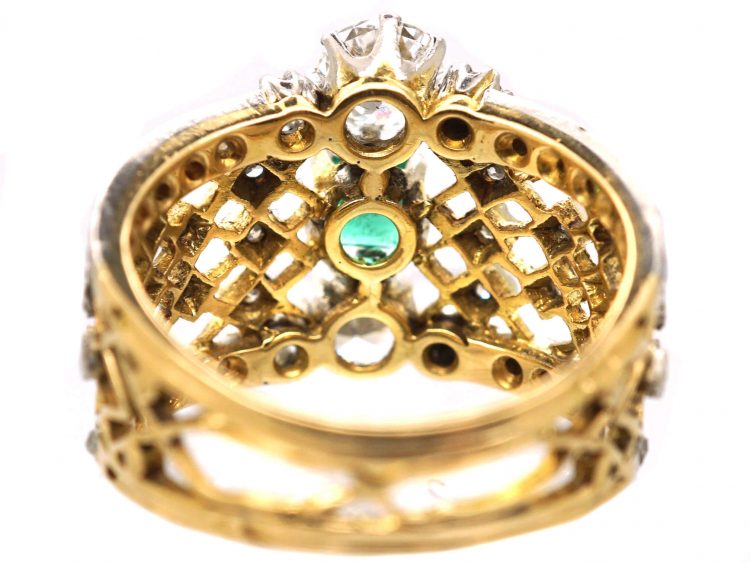 French 18ct Gold & Platinum Lattice Work Ring set with an Emerald & Diamonds