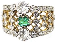 French 18ct Gold & Platinum Lattice Work Ring set with an Emerald & Diamonds