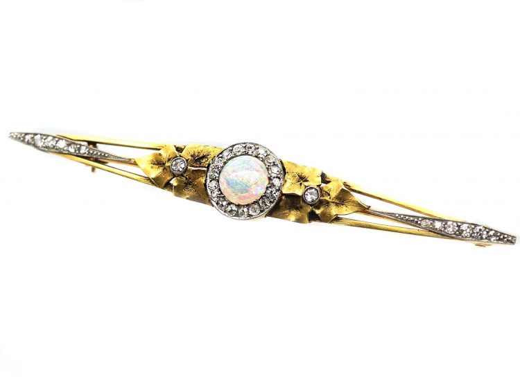 French Art Nouveau 18ct Gold & Platinum Brooch Set with a Cabochon Opal & Diamonds