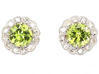 Edwardian 18ct White Gold Cluster Earrings set with Peridots & Diamonds