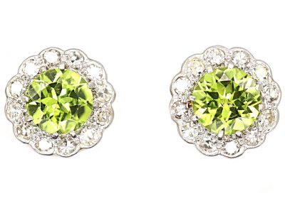 Edwardian 18ct White Gold Cluster Earrings set with Peridots & Diamonds