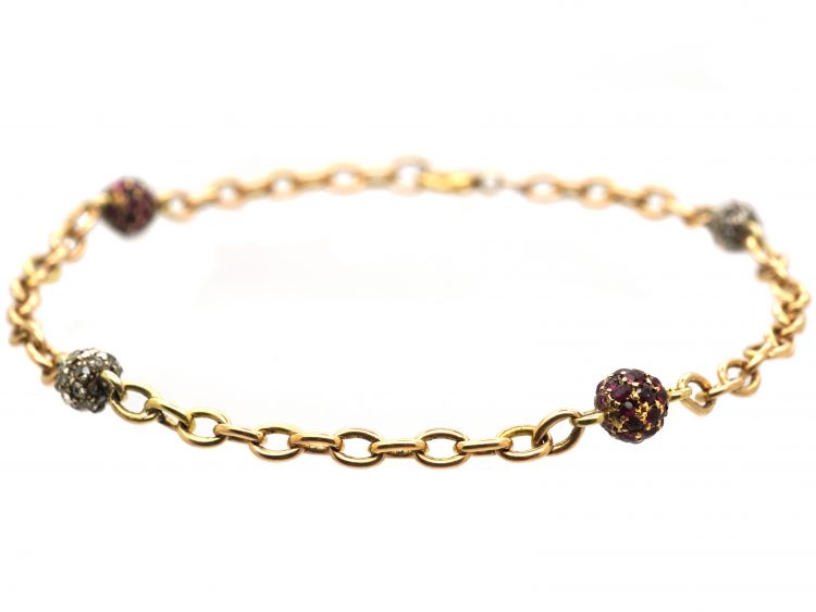 Edwardian 15ct Gold Bracelet Interspersed with Ruby & Rose Diamond set Rondels