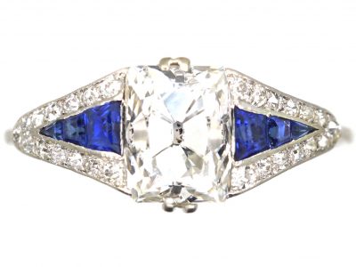 Early 20th Century Platinum Ring set with an Old Cushion Cut Diamond & Sapphires