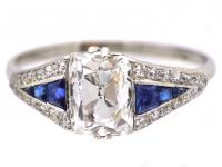 Early 20th Century Platinum Ring set with an Old Cushion Cut Diamond & Sapphires