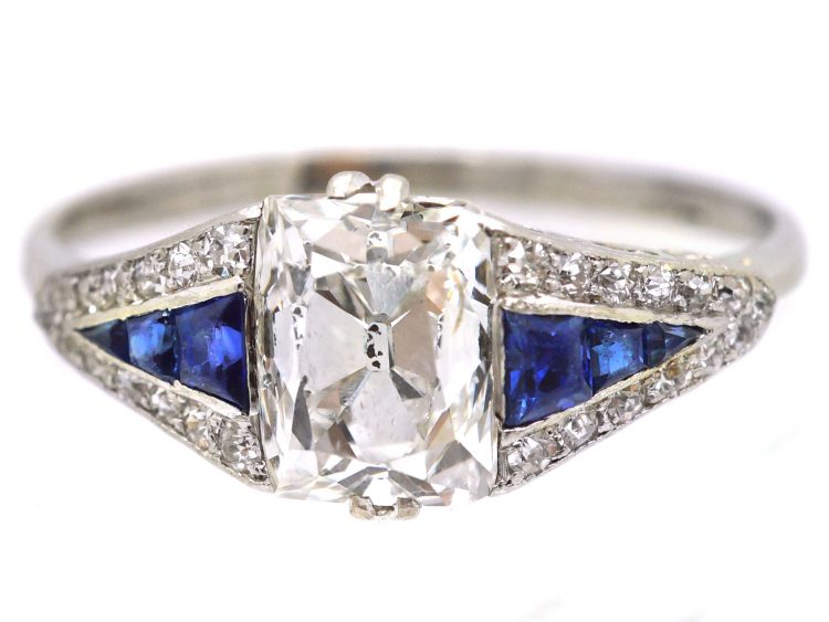 Early 20th Century Platinum Ring set with an Old Cushion Cut Diamond & Sapphires