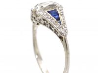 Early 20th Century Platinum Ring set with an Old Cushion Cut Diamond & Sapphires