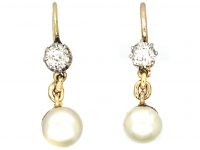 Edwardian 15ct Gold Diamond & Natural Bouton Pearl Drop Earrings