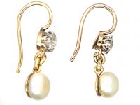 Edwardian 15ct Gold Diamond & Natural Bouton Pearl Drop Earrings