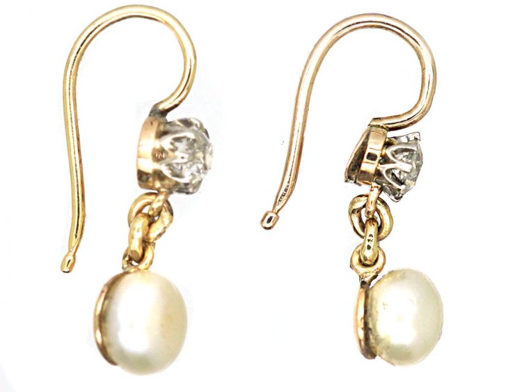 Edwardian 15ct Gold Diamond & Natural Bouton Pearl Drop Earrings