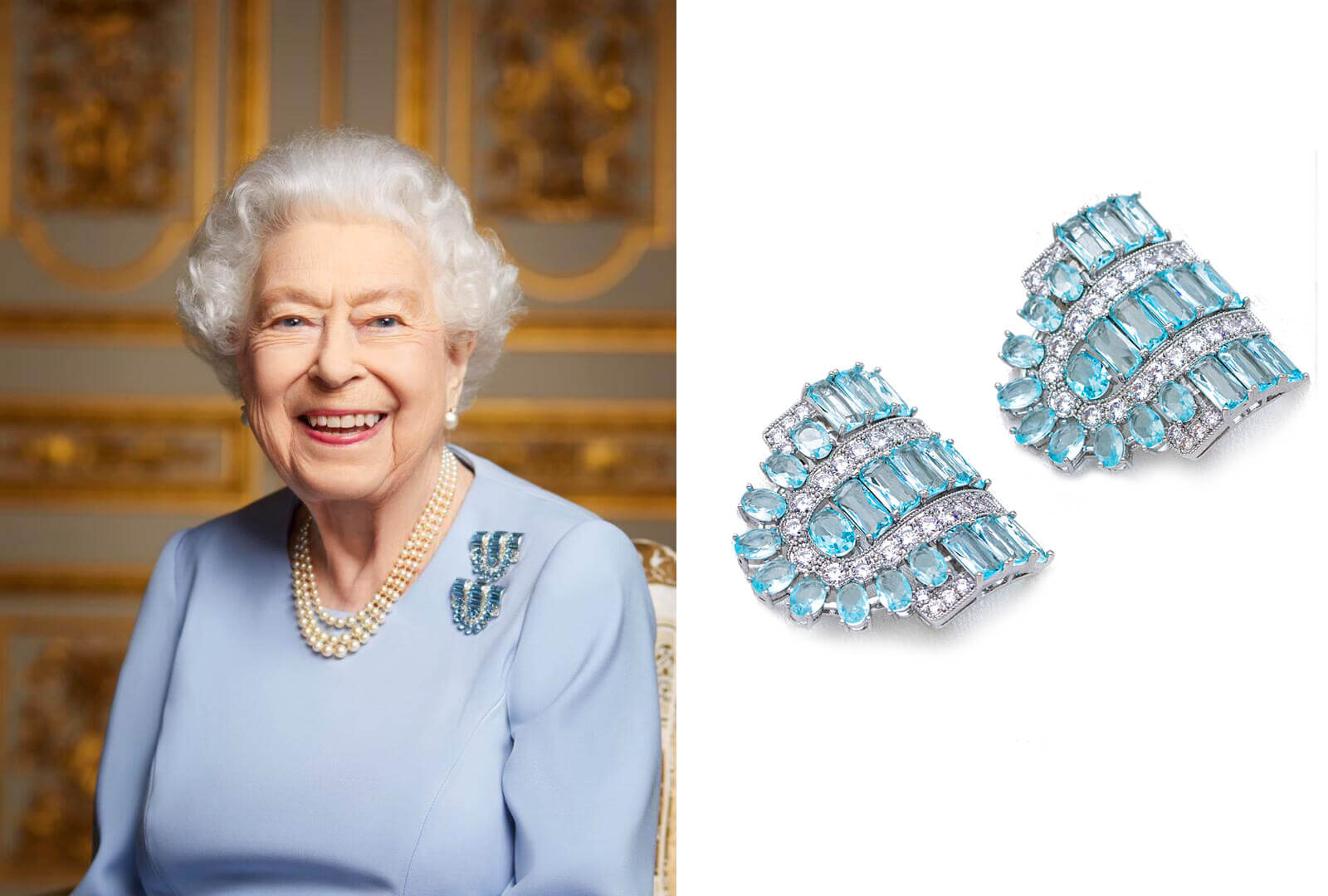 The Queen wears her pair of antique Boucheron Art Deco aquamarine and diamond clips