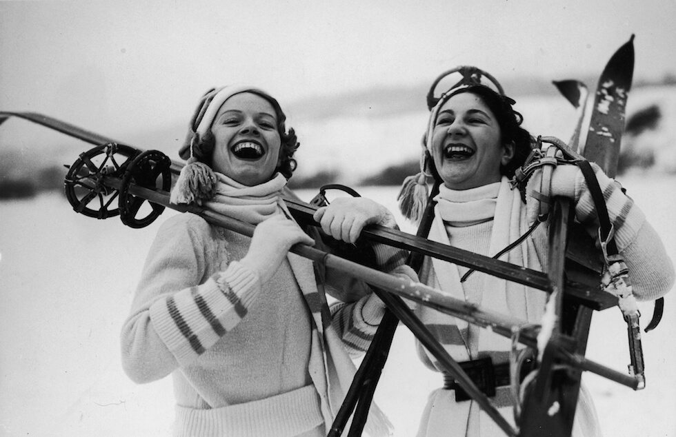 Two girls skiing on the Surrey Hills, England, 30 January 1937