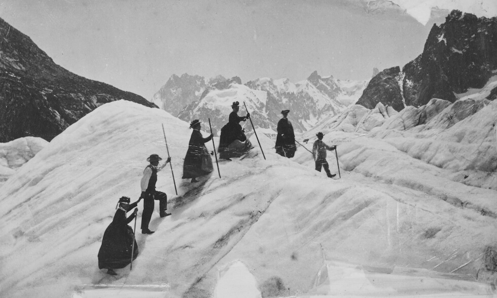 Hikers on the Mer de Glace, a glacier on the French side of Mont Blanc, in 1870