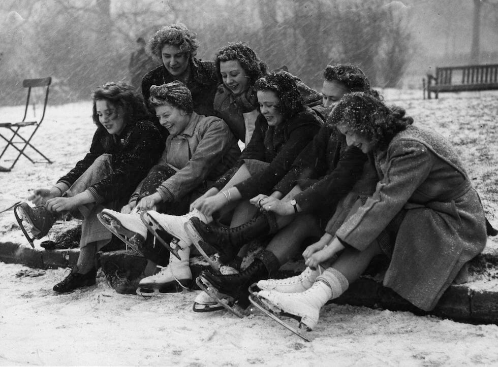 A group of London council workers go ice skating in St James's Park during their lunch break, February 1947