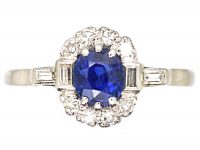 Early 20th Century 18ct White Gold & Platinum, Sapphire & Diamond Cluster Ring with Baguette Diamond Shoulders