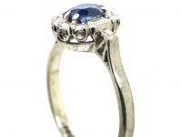 Early 20th Century 18ct White Gold & Platinum, Sapphire & Diamond Cluster Ring with Baguette Diamond Shoulders