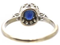 Early 20th Century 18ct White Gold & Platinum, Sapphire & Diamond Cluster Ring with Baguette Diamond Shoulders