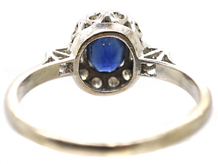 Early 20th Century 18ct White Gold & Platinum, Sapphire & Diamond Cluster Ring with Baguette Diamond Shoulders