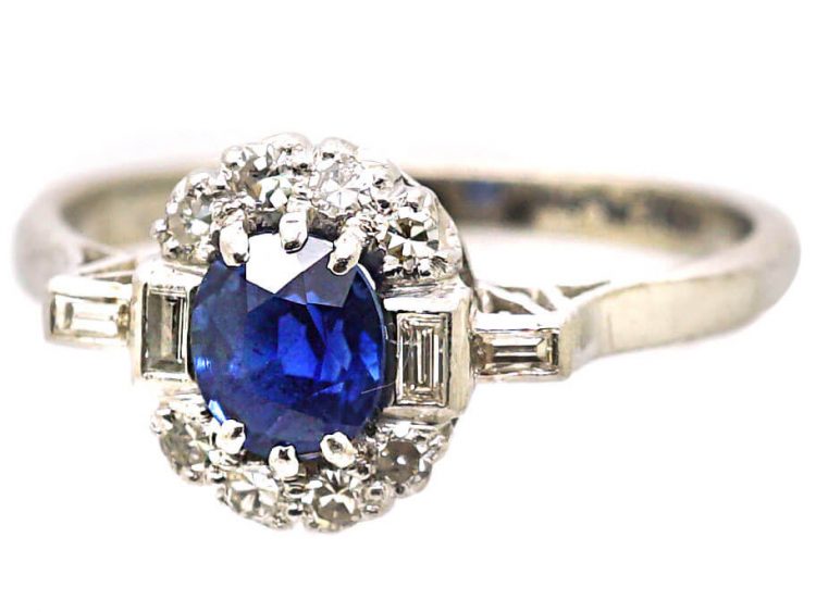 Early 20th Century 18ct White Gold & Platinum, Sapphire & Diamond Cluster Ring with Baguette Diamond Shoulders