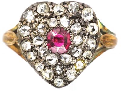 Edwardian 18ct Gold & Silver Heart Shaped Ring set with a Ruby & Rose Diamonds