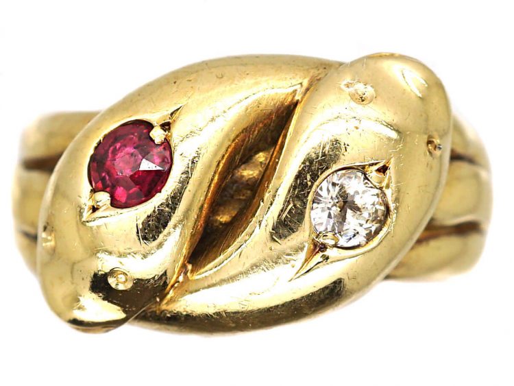 Edwardian 18ct Gold Double Snake Ring set with a Ruby & Diamond