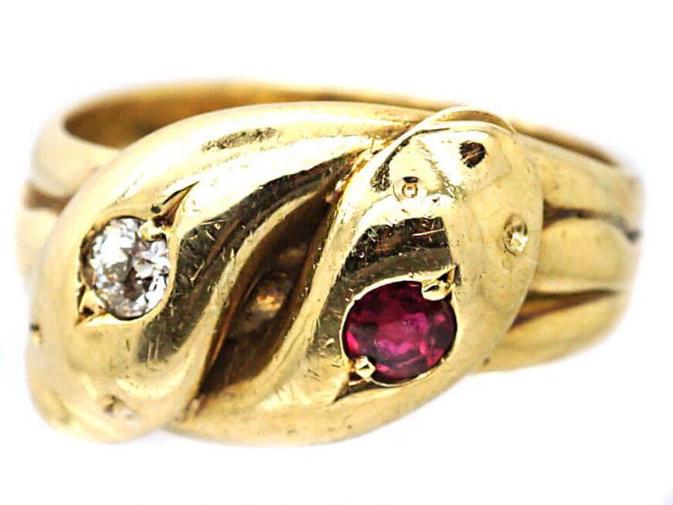 Edwardian 18ct Gold Double Snake Ring set with a Ruby & Diamond